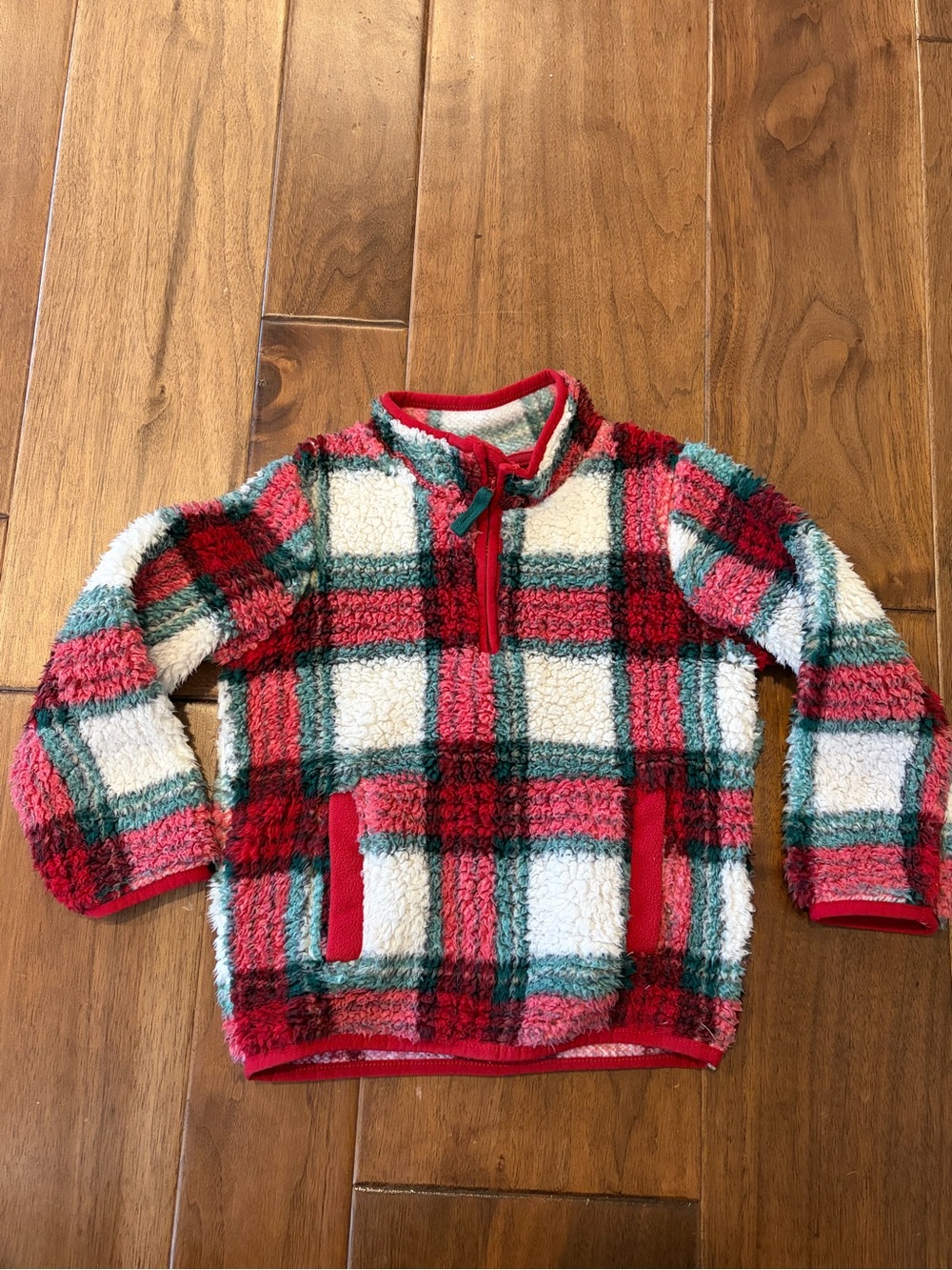 Gymboree Red, White & Green Plaid Sherpa Half-Zip Pullover 3T EUC